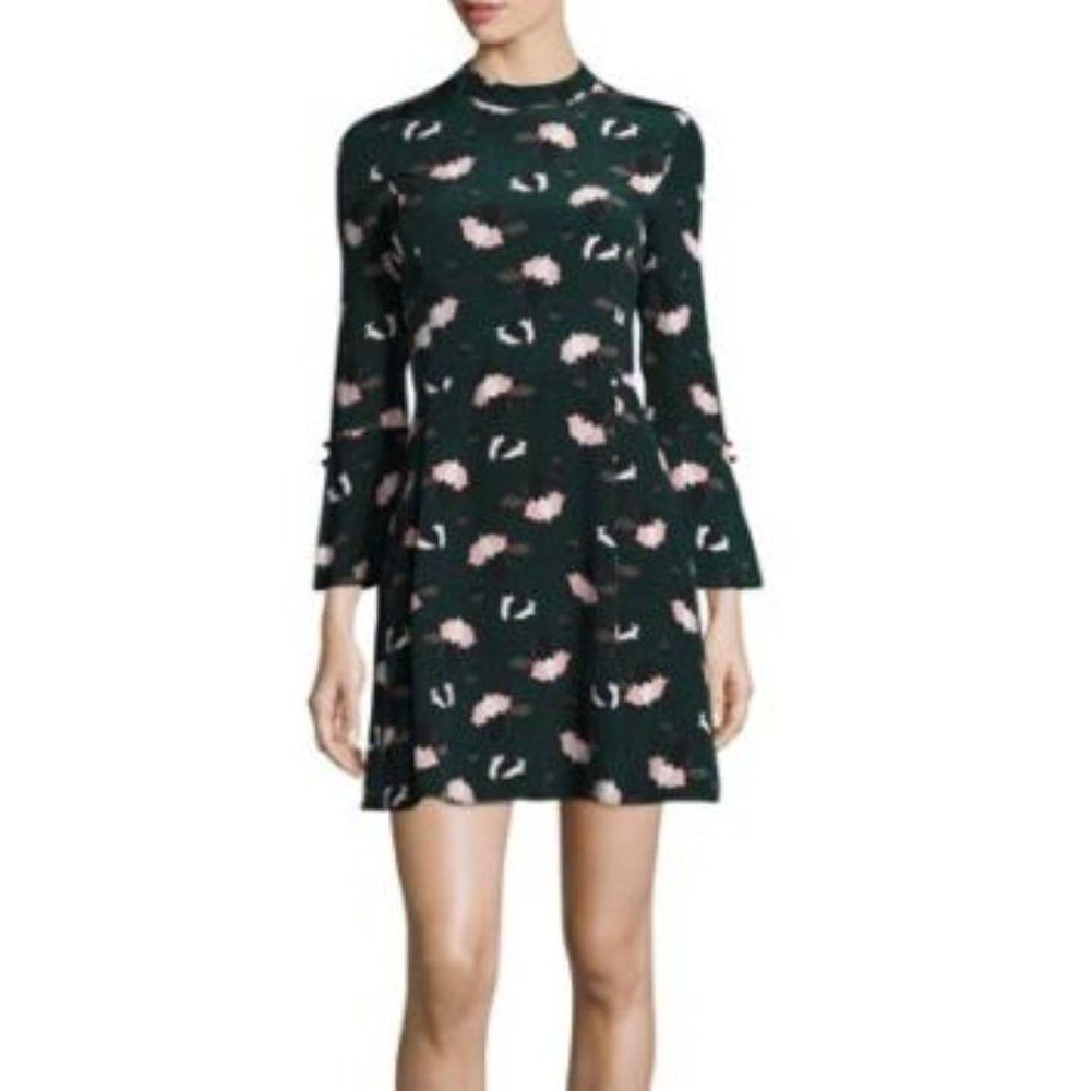 10 Crosby Derek Lam / silk mock neck bell sleeve Green floral Scribble Dress